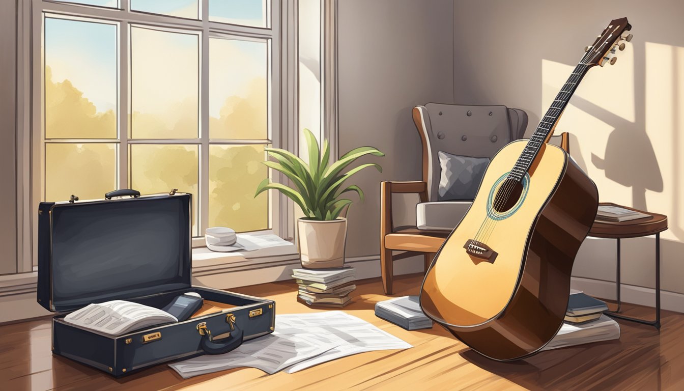 A guitar resting on a stand, surrounded by sheet music, a metronome, and a music theory book.</p><p>A comfortable chair and a well-lit room complete the scene