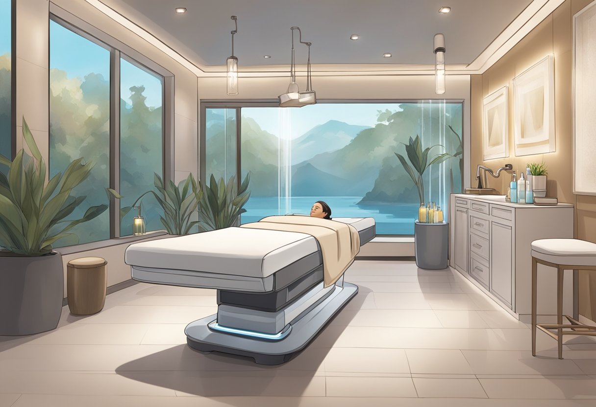 A serene spa room with a comfortable treatment bed, soft lighting, and a professional aesthetician performing a HydraFacial on a client with sensitive skin