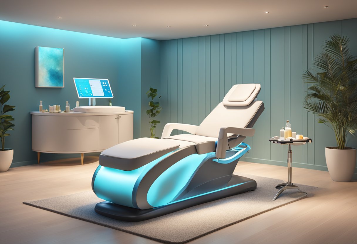 A serene spa room with soft lighting, a comfortable treatment chair, and a HydraFacial machine set up for a sensitive skin treatment