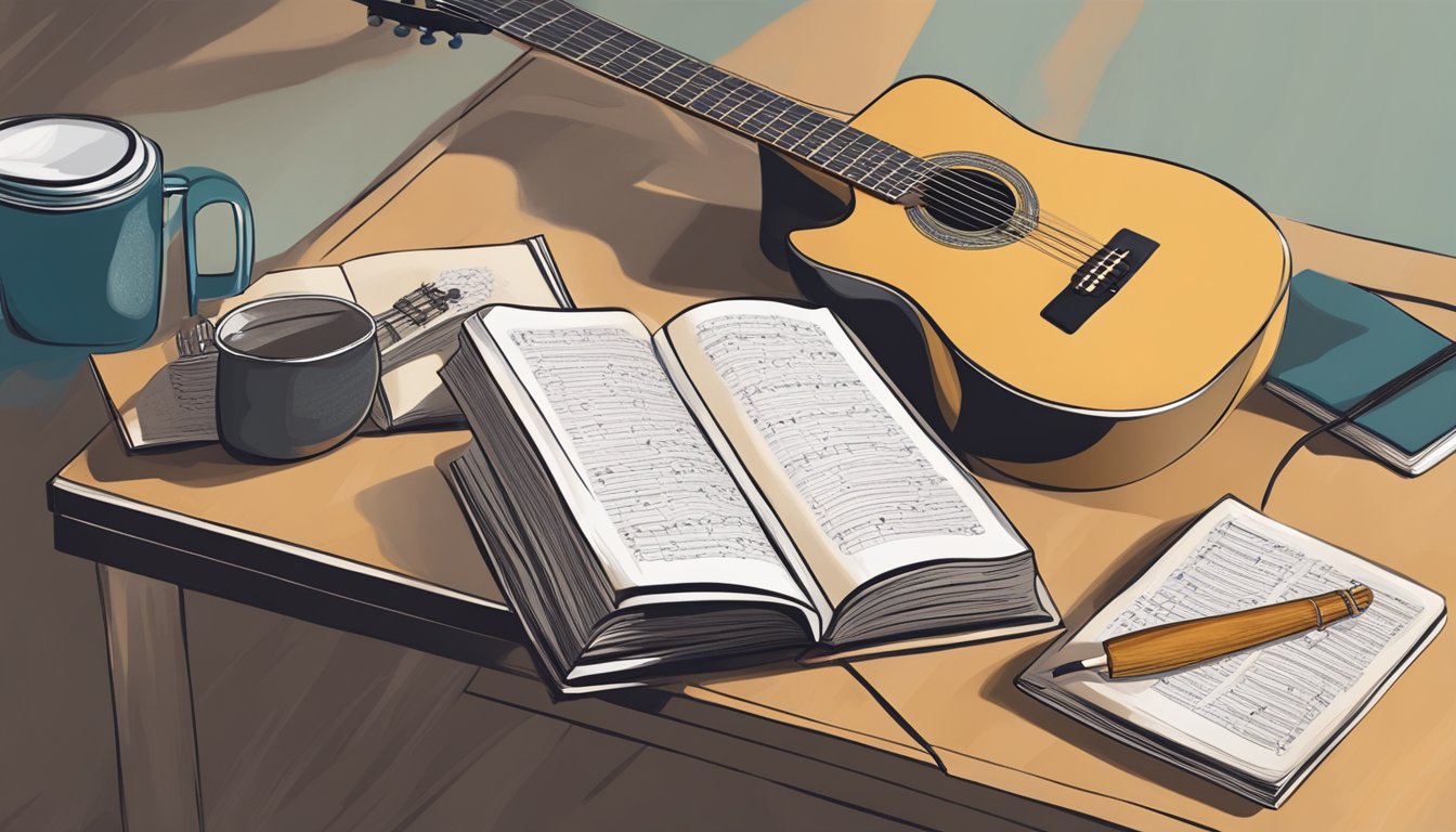 A person's hand strumming a guitar while a music book lies open on a table