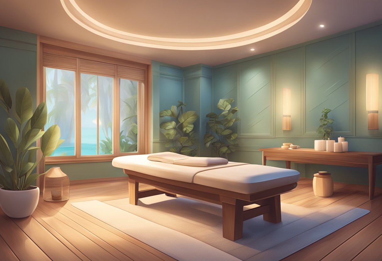 A serene spa room with a comfortable treatment bed, soft lighting, and soothing music playing in the background