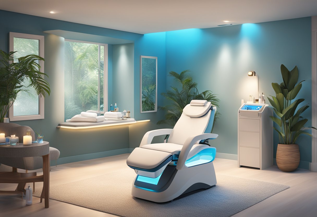 A serene spa room with a comfortable treatment chair, soft lighting, and a HydraFacial machine set up for a relaxing and rejuvenating skincare session