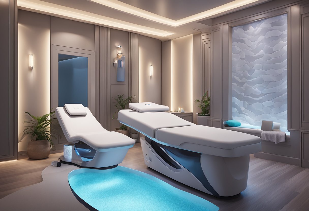 A serene spa room with a reclining treatment chair, soft ambient lighting, and a HydraFacial machine in the center