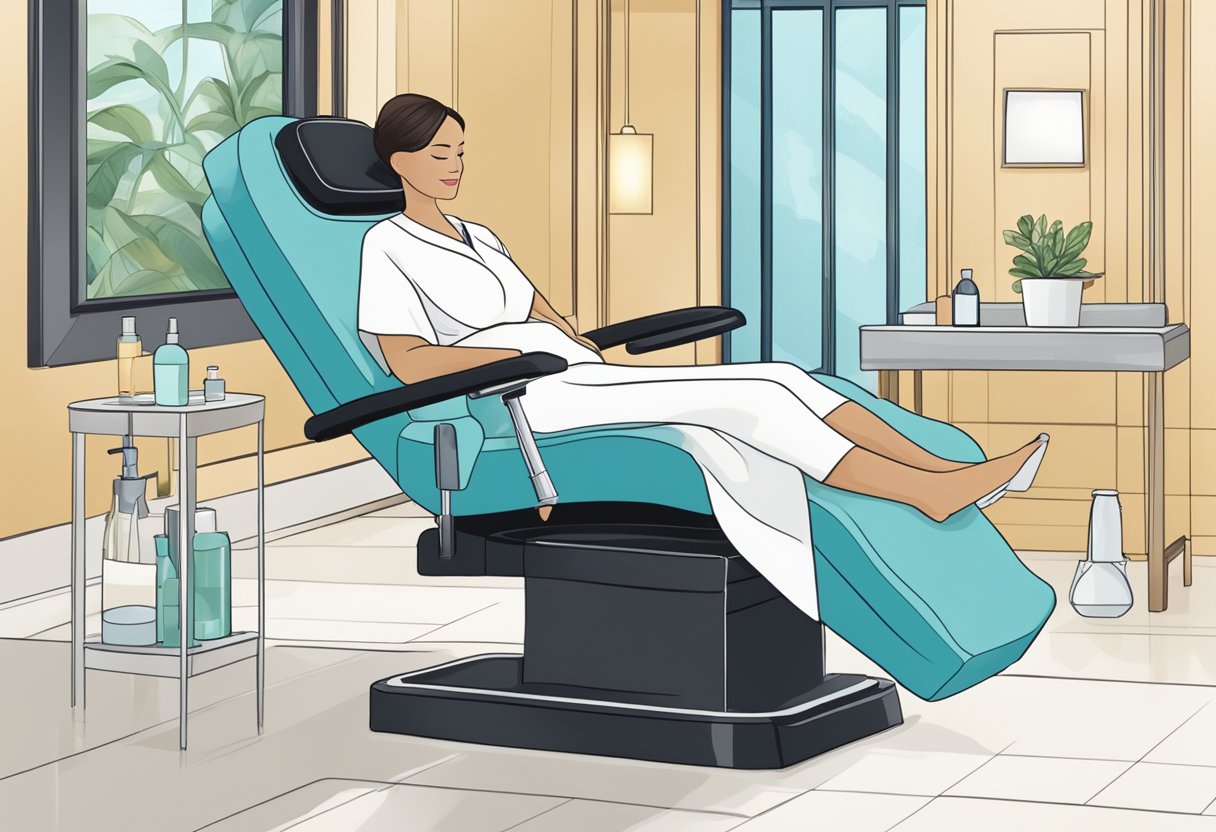 A serene spa setting with a client reclining on a comfortable chair, while a skilled esthetician performs a HydraFacial treatment with gentle, precise movements