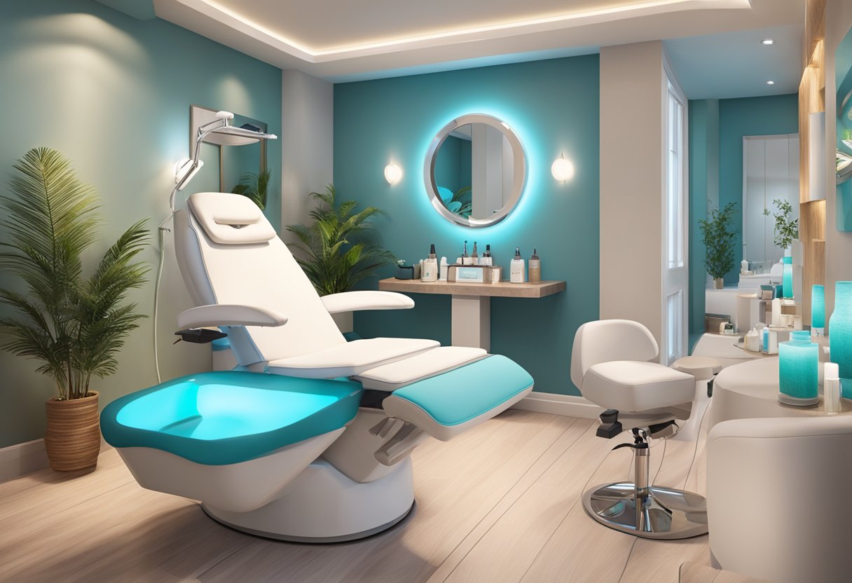 A serene spa room with a comfortable treatment chair, soft lighting, and a HydraFacial machine ready for use