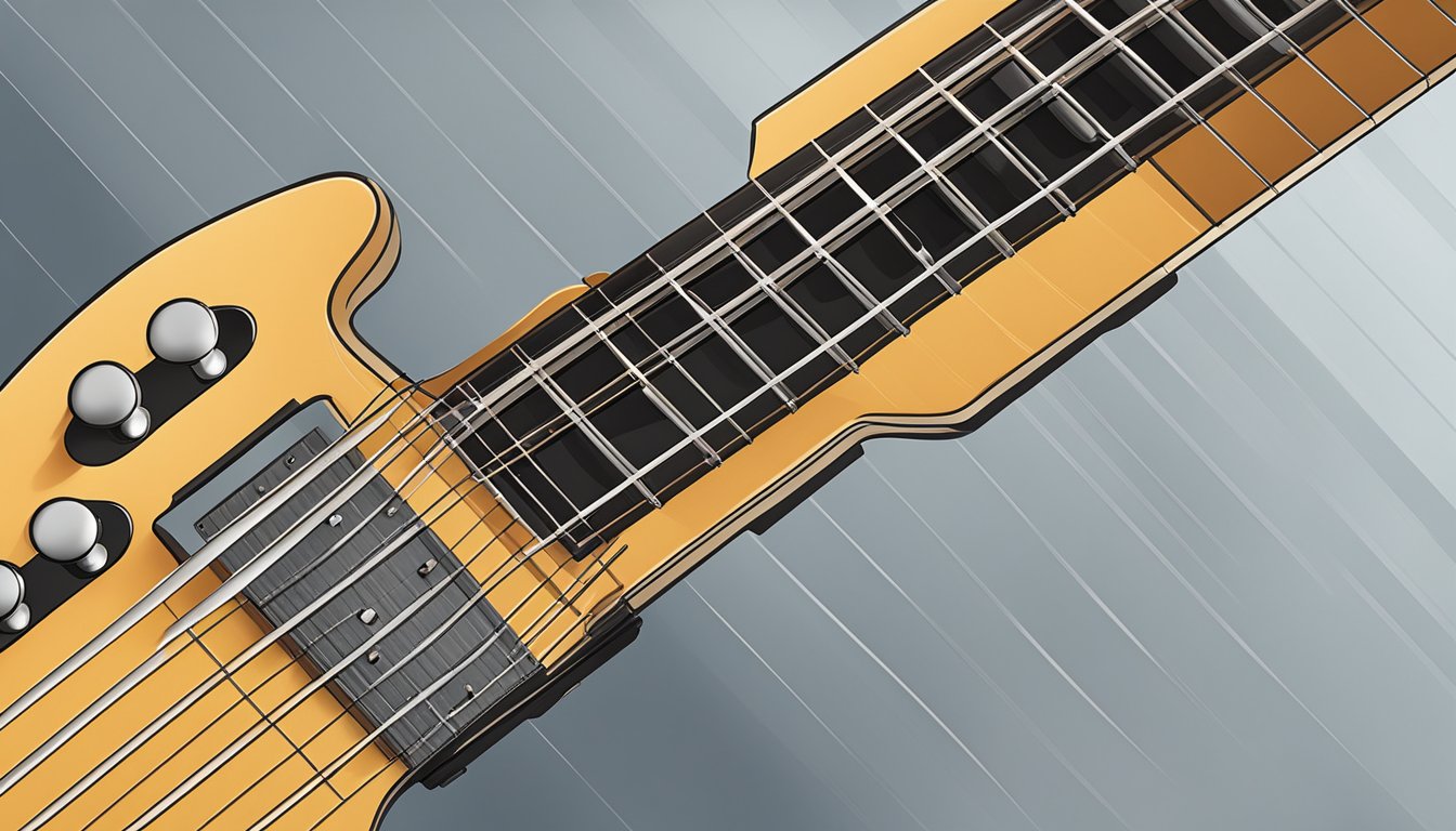 A guitar fretboard with fingers pressing down on the second fret of the D, G, and B strings