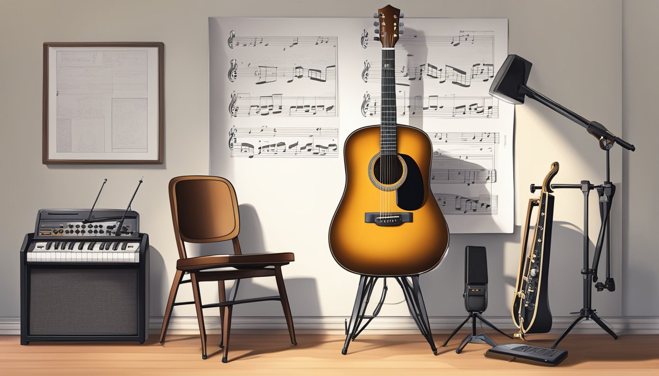 A guitar resting on a stand, surrounded by sheet music, a metronome, and a tuner, with a chair nearby for practice