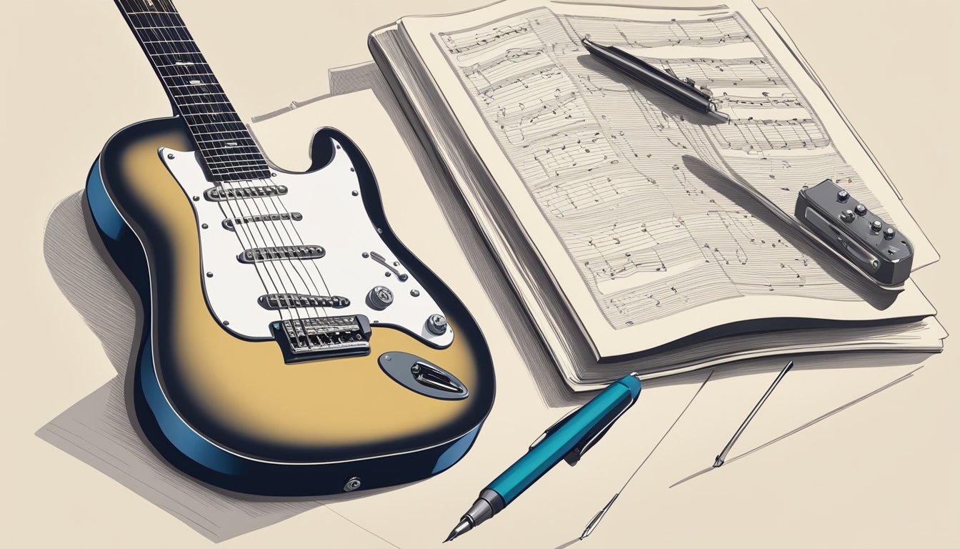 A guitar lying on a stand next to a music book with a pen resting on top