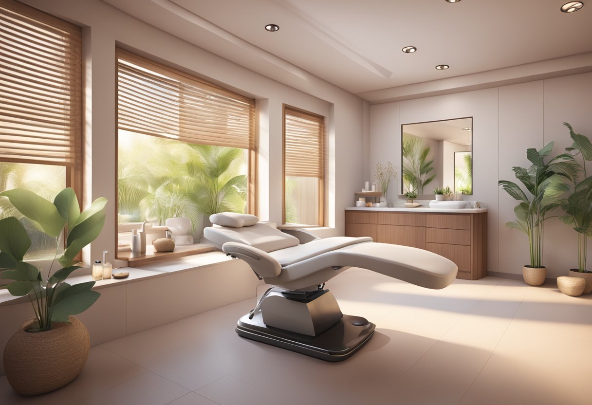 A serene spa room with a reclining treatment chair, soft lighting, and a serene atmosphere. Aesthetic equipment and skincare products are neatly arranged on a table