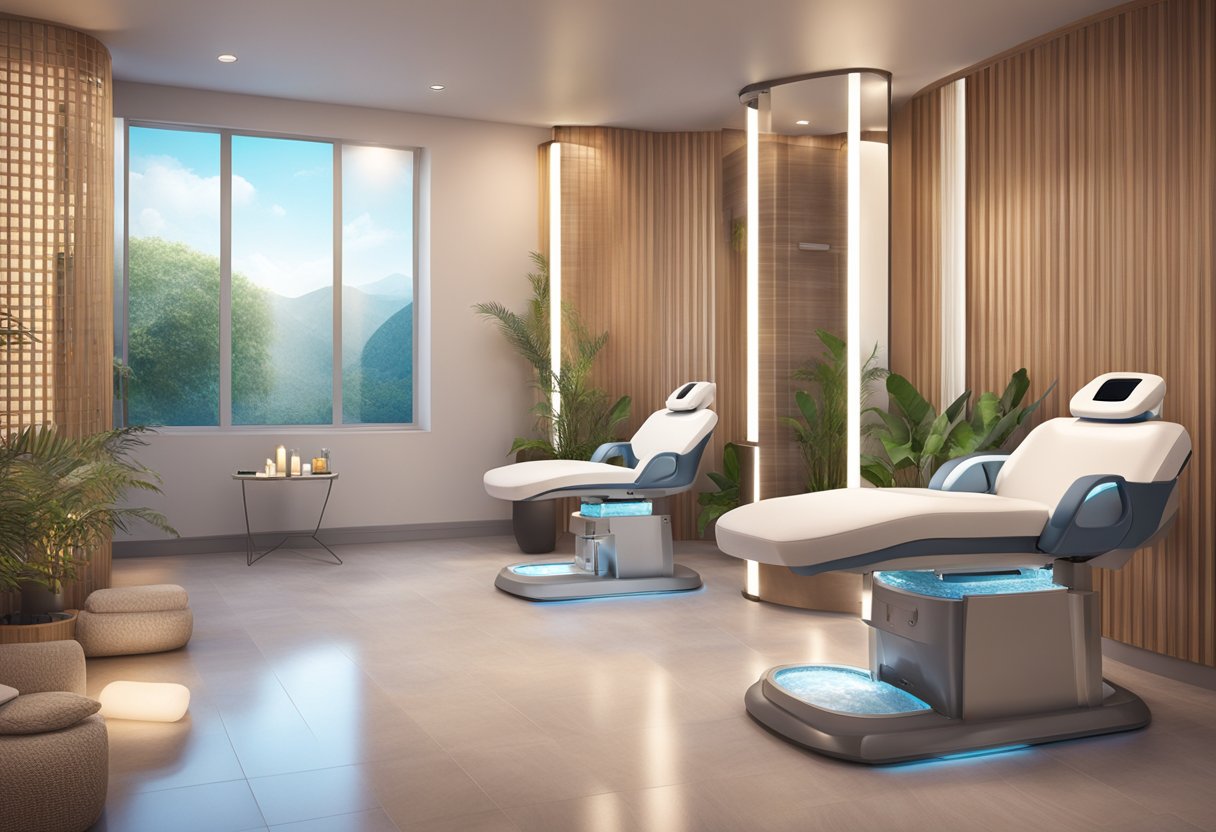 A serene spa room with a comfortable treatment chair, soft lighting, and a HydraFacial machine ready for use