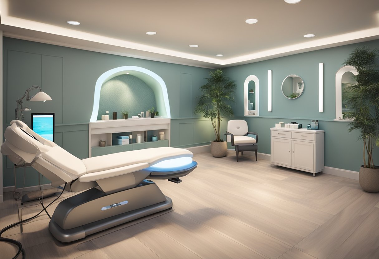 A serene spa room with a comfortable treatment chair, soft lighting, and a serene ambiance. A professional skincare machine is visible, ready for a HydraFacial treatment