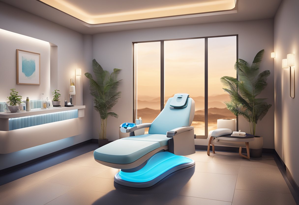 A serene spa room with a comfortable treatment chair, soft lighting, and a soothing atmosphere. A HydraFacial machine and skincare products are neatly arranged on a nearby table