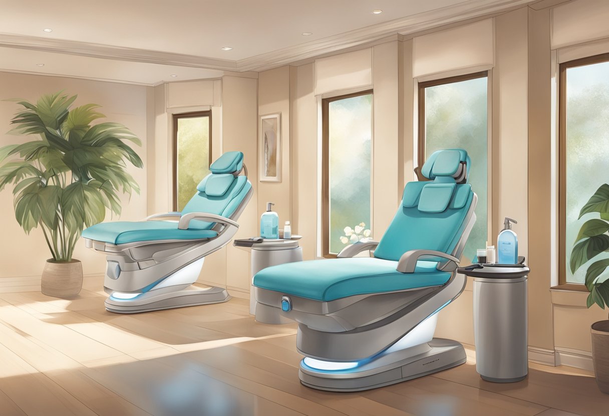 A serene spa room with a comfortable treatment chair, soft lighting, and a serene atmosphere, with a professional performing a HydraFacial on a client