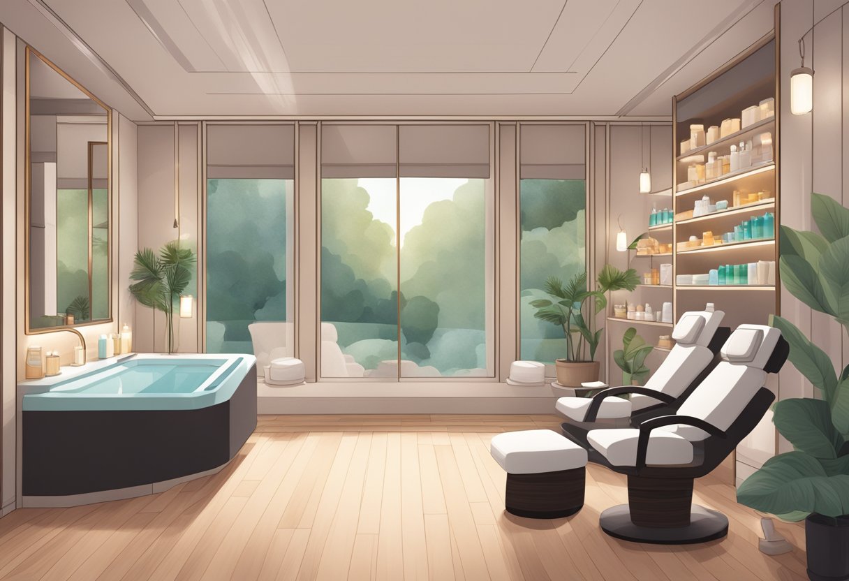 A serene spa room with a reclined treatment chair, soft lighting, and a shelf of skincare products