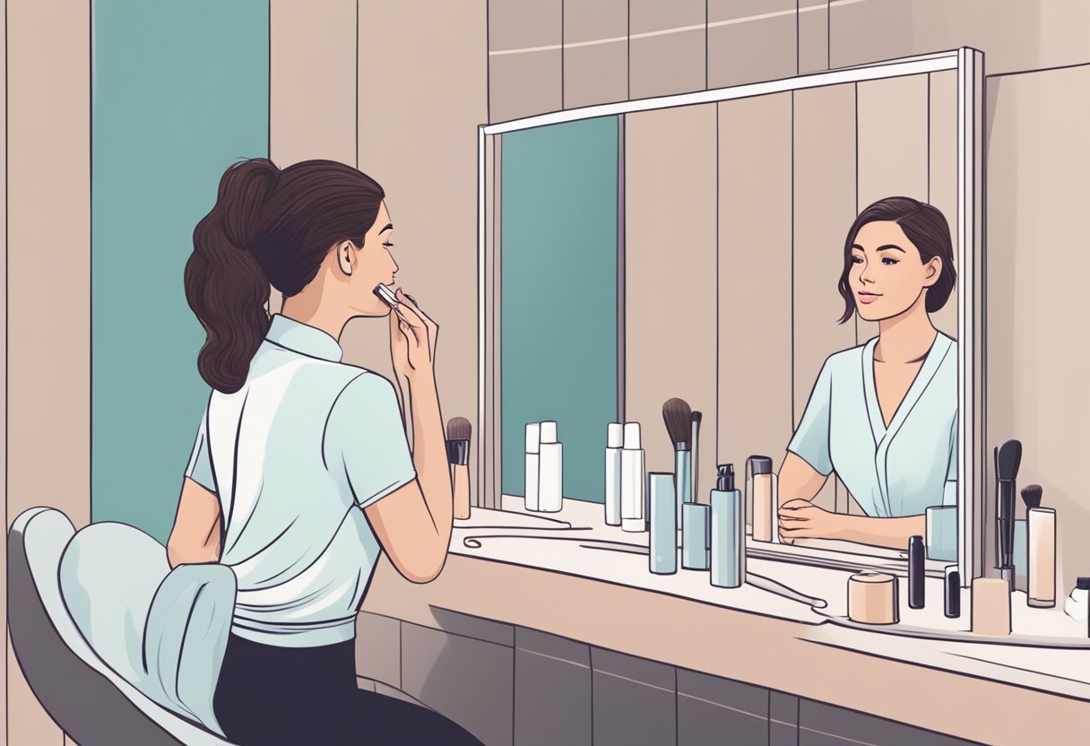 A woman with freshly cleansed skin looks at a mirror, contemplating whether to apply makeup after a HydraFacial