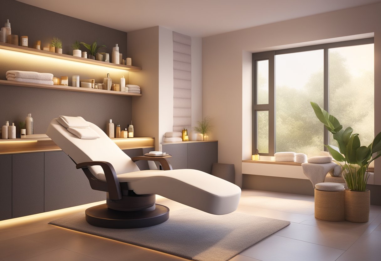 A serene spa room with a reclining treatment chair, soft lighting, and a shelf of skincare products