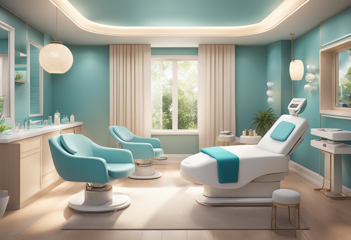 A serene spa room with a HydraFacial machine and a makeup station nearby, surrounded by calming colors and soft lighting