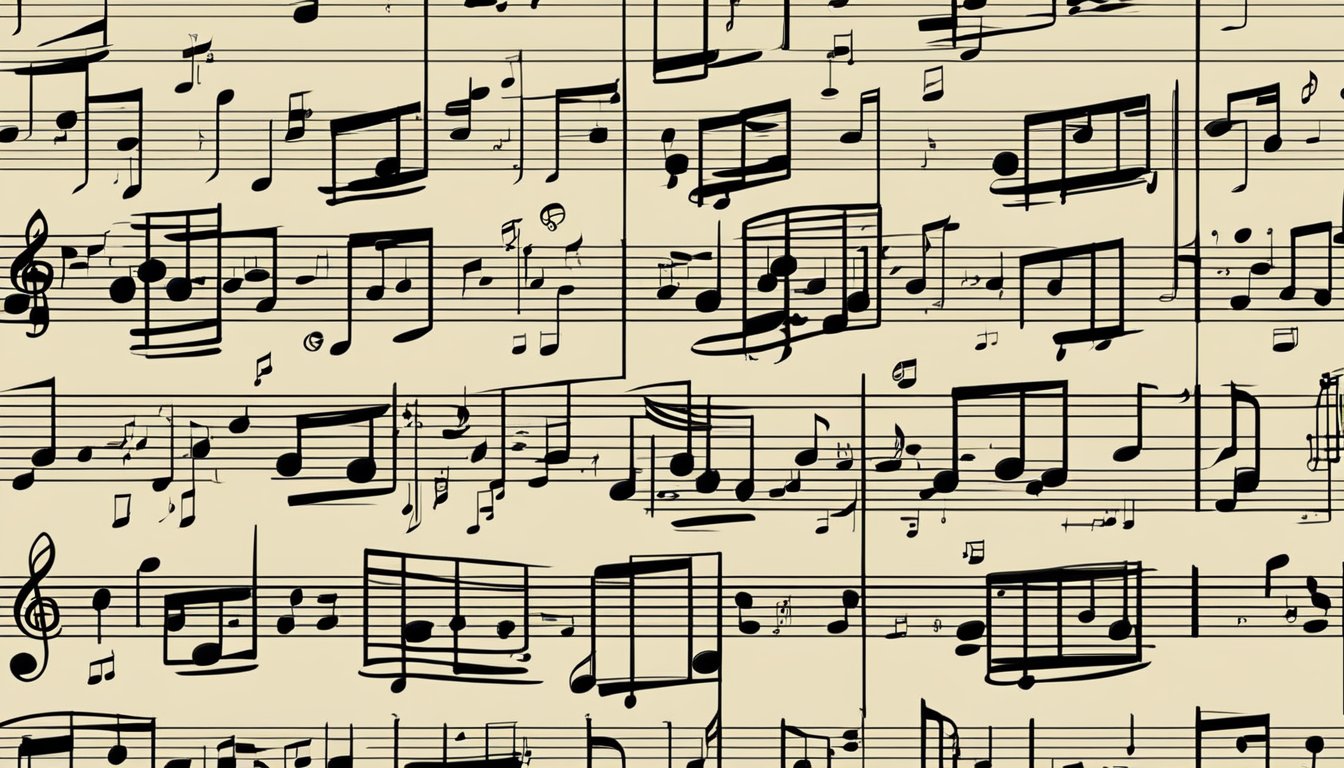 A sheet music with guitar chords displayed in standard notation and tablature, surrounded by musical notes and symbols