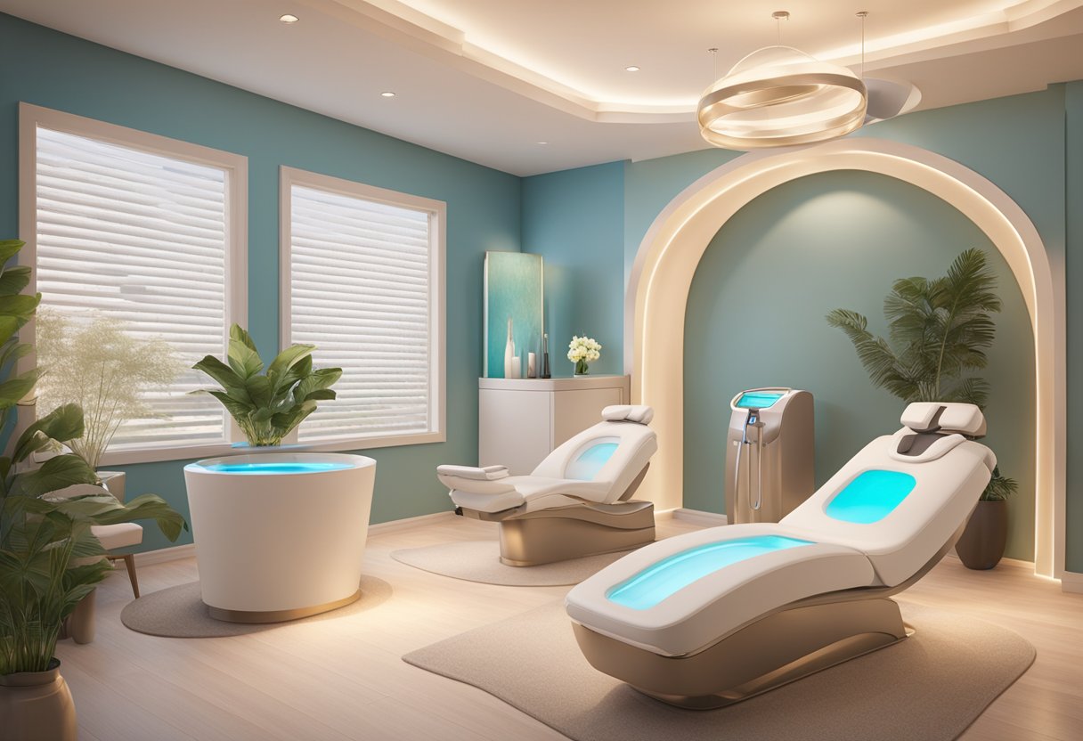 A serene spa room with a reclined treatment chair, soft ambient lighting, and a HydraFacial machine emitting LED light therapy