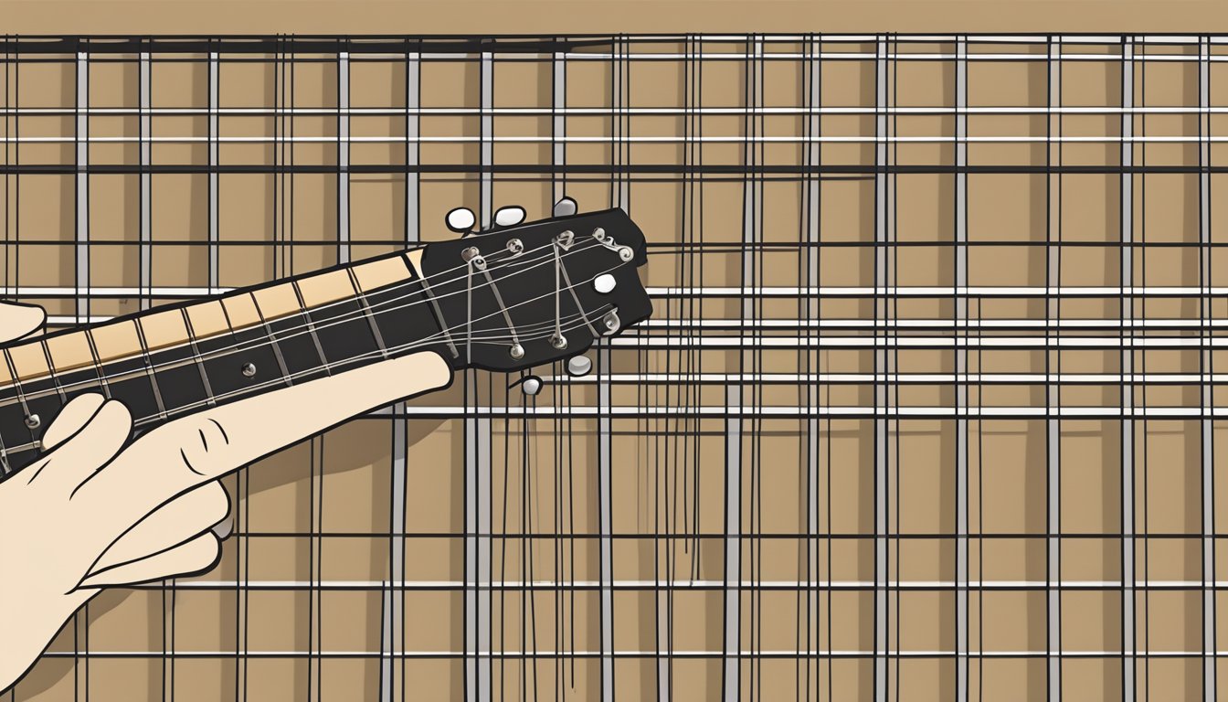 A guitar fretboard with fingers pressing down on the third fret of the A string, second fret of the D string, and open G, B, and high E strings