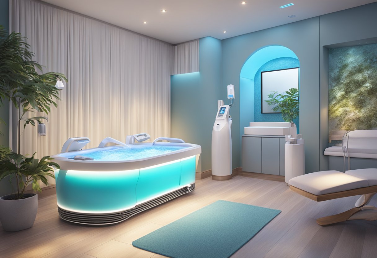 A serene spa room with a HydraFacial machine and LED light therapy equipment. Relaxing ambiance with soft lighting and calming decor