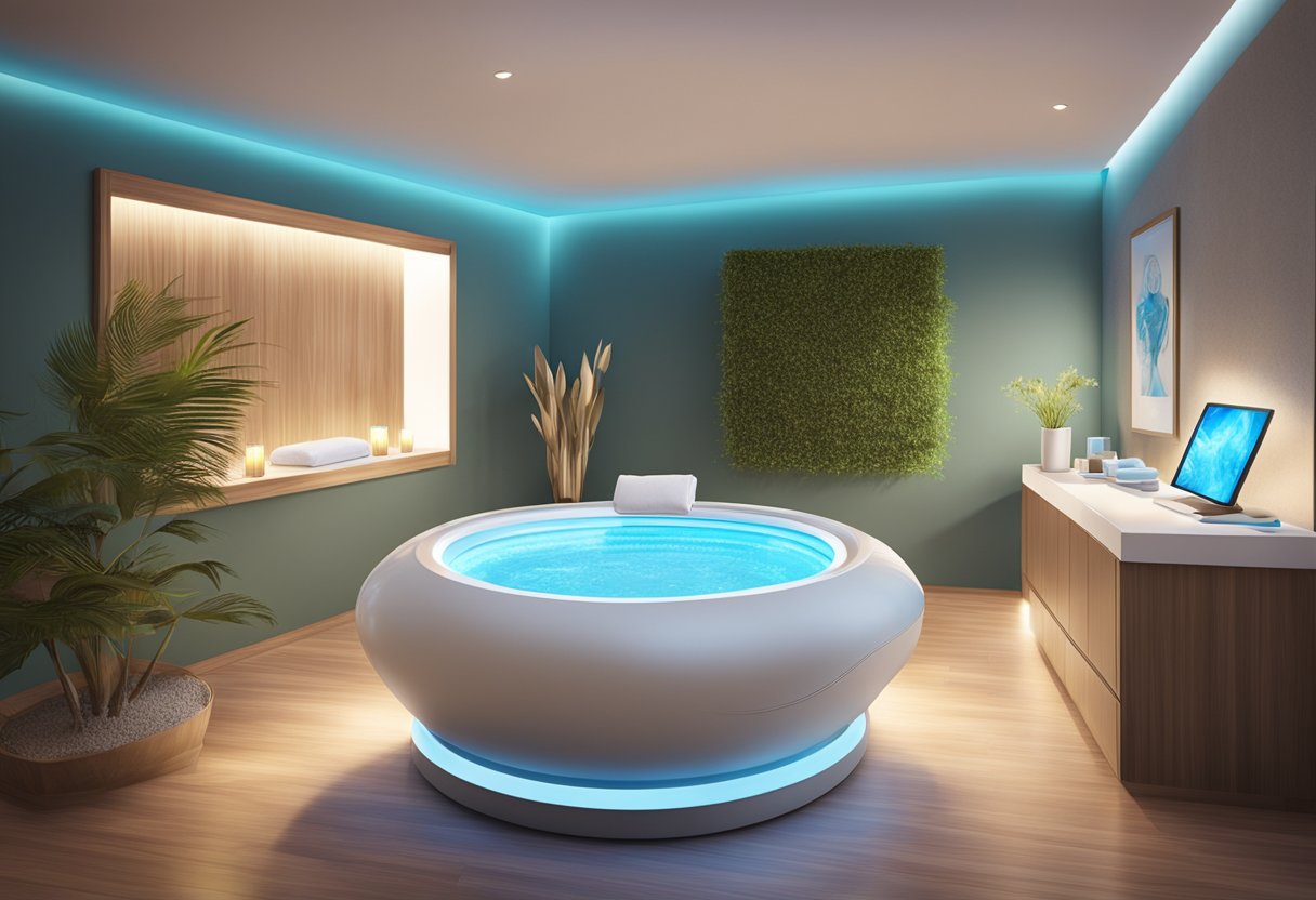 A serene spa room with a HydraFacial machine emitting LED light, casting a soothing glow on the surroundings