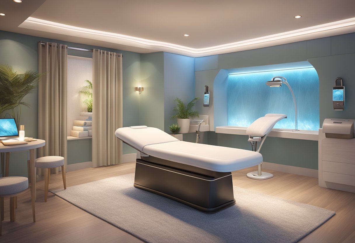 A serene spa room with a HydraFacial machine and LED light therapy device, soft lighting, and calming decor