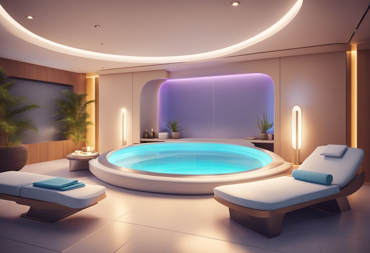 A serene spa room with a comfortable treatment bed, soft lighting, and a futuristic-looking LED light therapy machine. A calming atmosphere with soothing music playing in the background