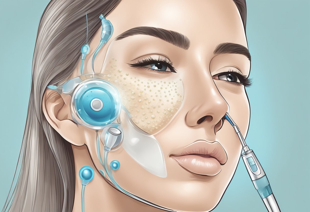 A close-up of a HydraFacial machine extracting blackheads from clogged pores on a skin-like surface