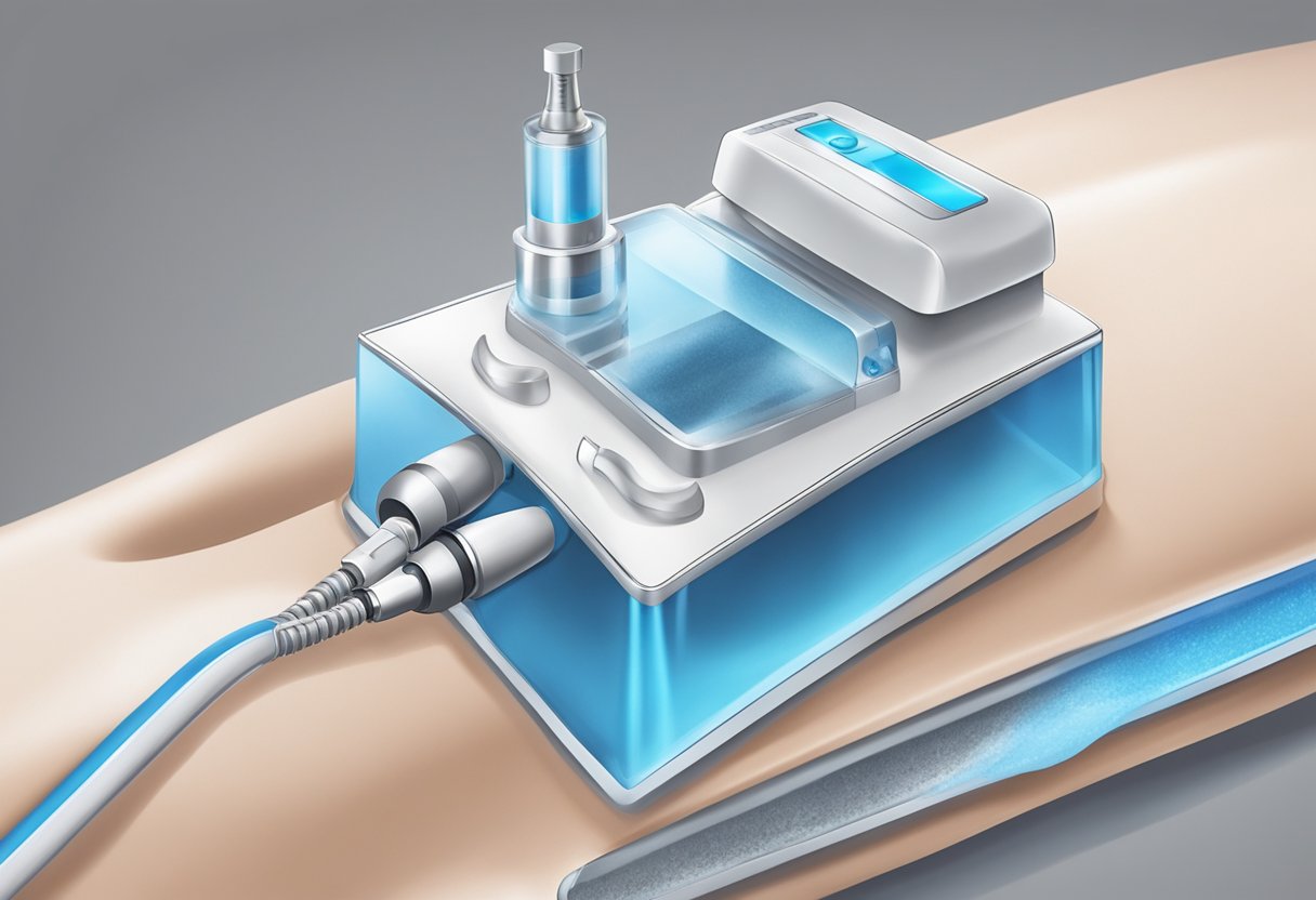 A close-up of a HydraFacial machine extracting blackheads from clogged pores on a skin-like surface