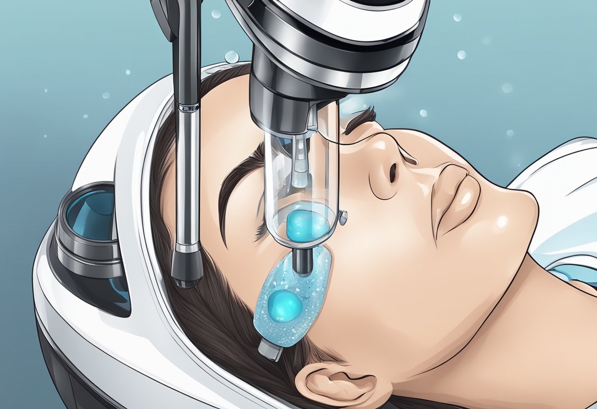 A close-up view of a HydraFacial machine extracting blackheads from clogged pores on a skin surface