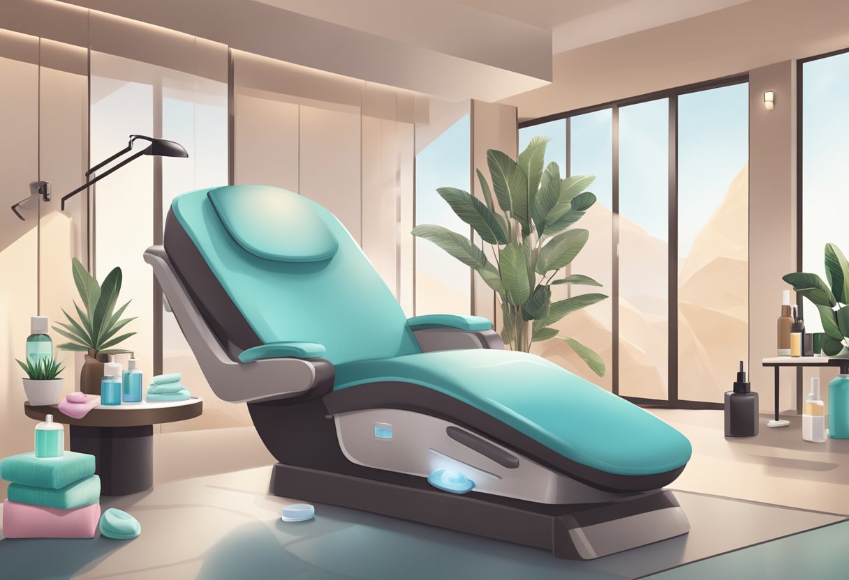 A serene spa room with a reclining chair, a professional skincare machine, and various skincare products neatly arranged on a table