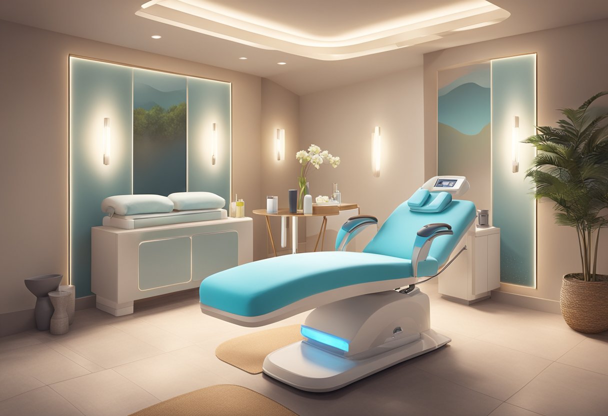 A serene spa room with soft lighting, a comfortable treatment chair, and a HydraFacial machine ready for use