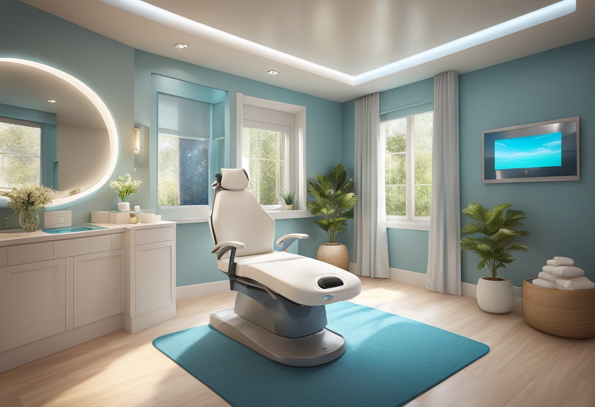 A serene spa room with a HydraFacial machine, soft lighting, and a comfortable treatment chair, creating a peaceful and inviting atmosphere for a rejuvenating skincare experience