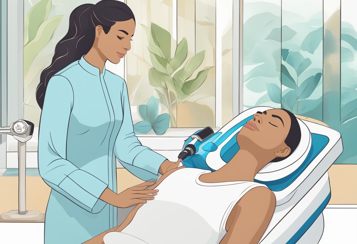 A serene spa setting with a professional performing a HydraFacial treatment on a reclined client, with different skin types and concerns represented through various visual cues