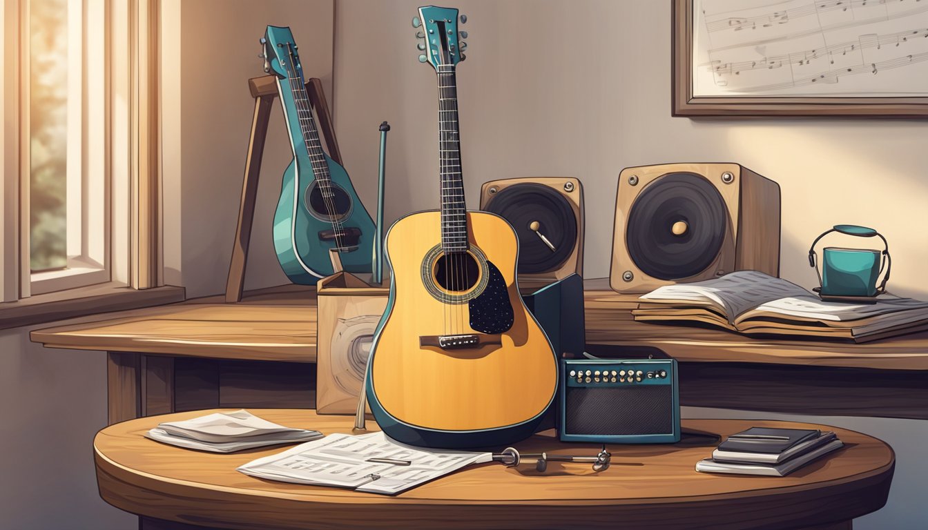 A guitar resting on a stand, surrounded by music sheets and a metronome on a wooden table