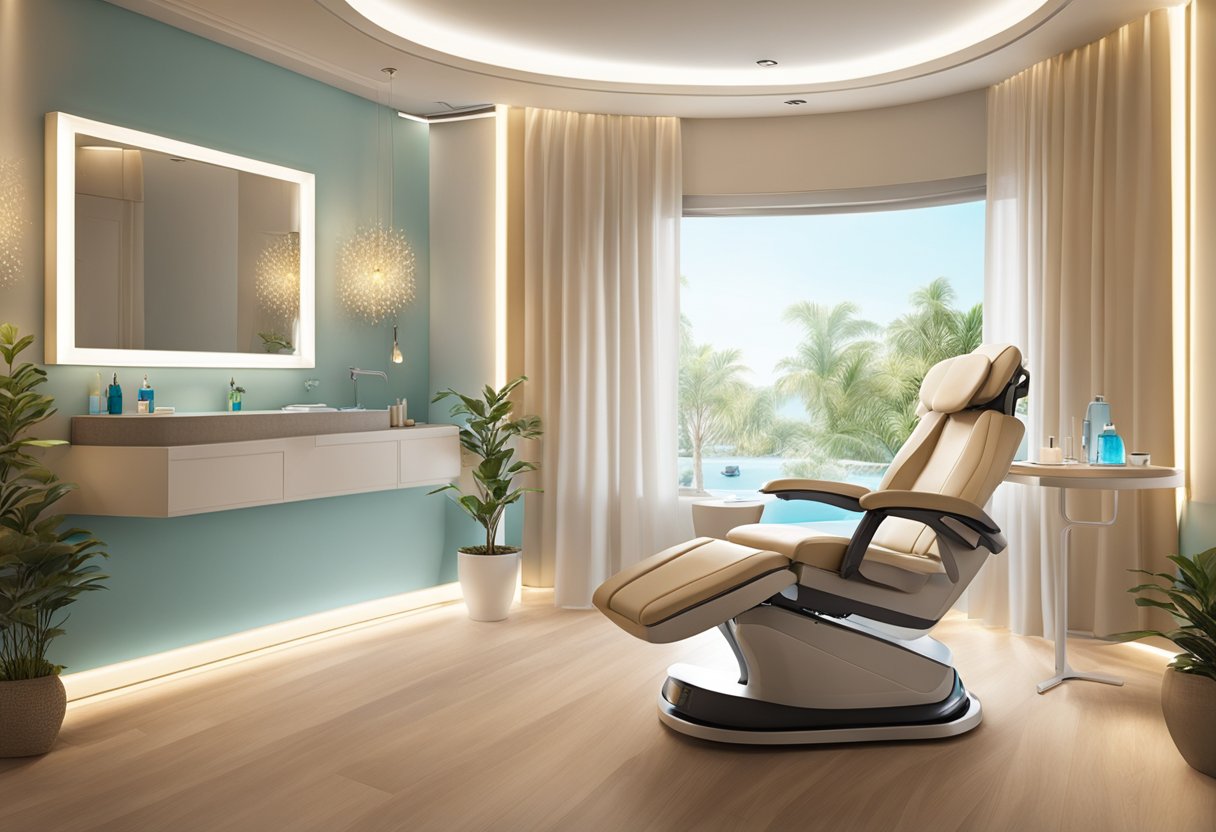 A serene spa room with a reclining treatment chair surrounded by soft lighting and soothing decor, showcasing the HydraFacial procedure for fine lines and wrinkles