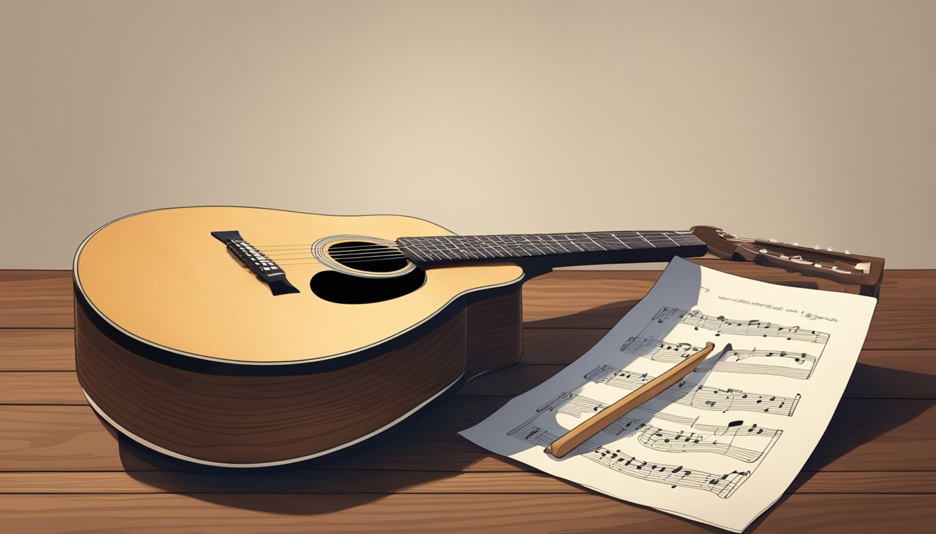 An acoustic guitar resting on a stand, with a pick nearby and sheet music on a wooden music stand