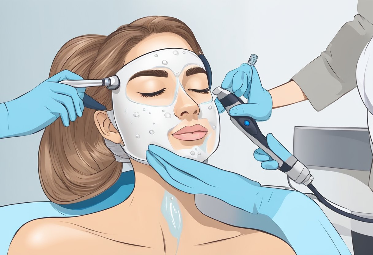 A dermatologist performing a HydraFacial treatment on a client with acne, using a specialized tool to cleanse and exfoliate the skin, revealing a clearer complexion