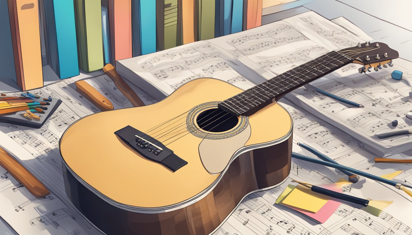 An acoustic guitar resting on a stand, surrounded by music sheets and a tuning tool.</p><p>A hand reaching for the guitar