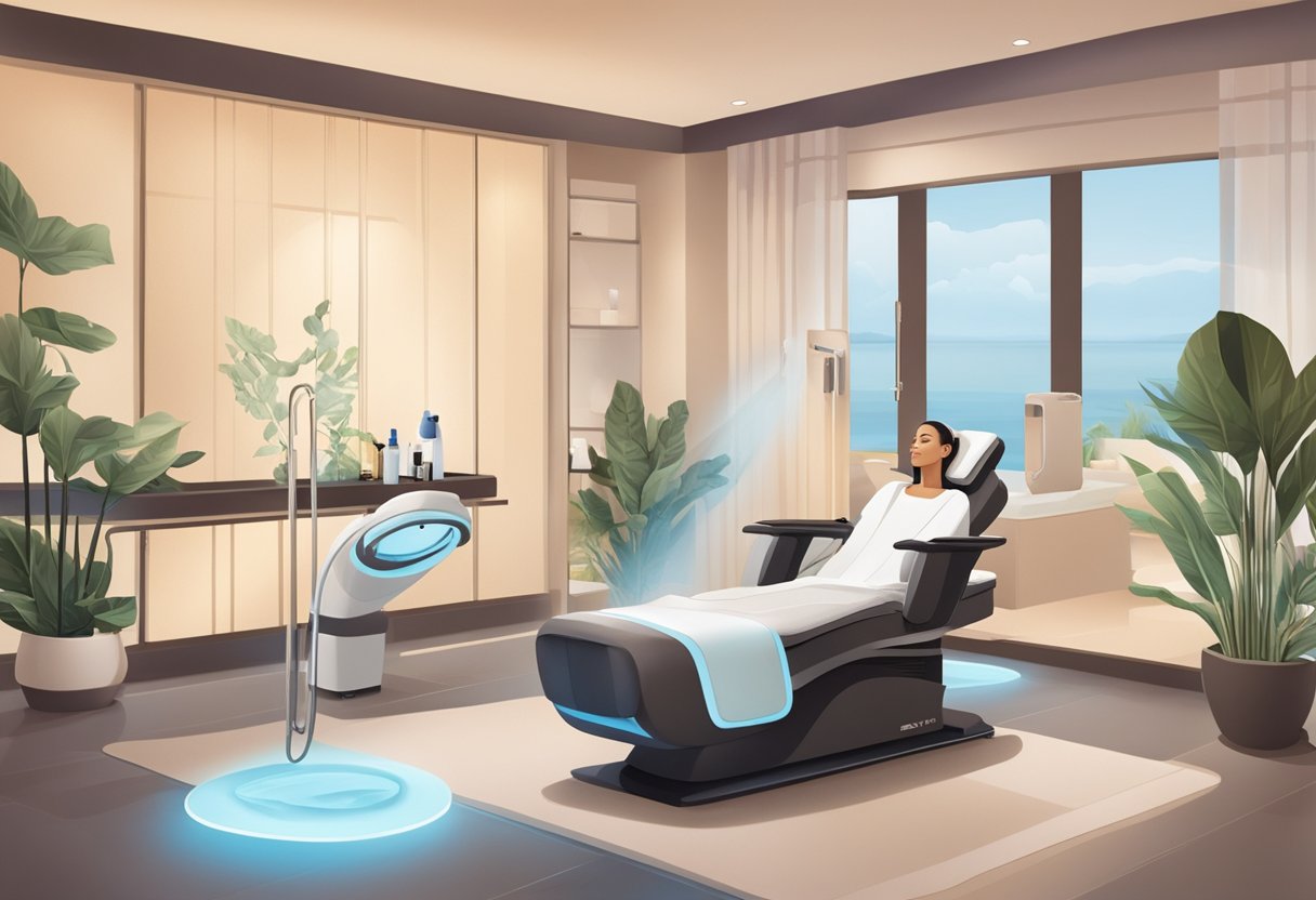 A serene spa setting with a reclined treatment chair surrounded by soft lighting and soothing decor, with a professional skincare technician performing a HydraFacial treatment on a client's acne-prone skin