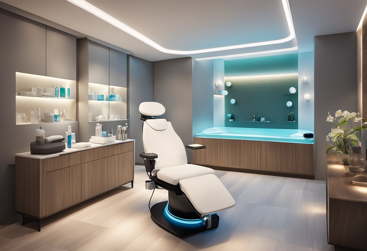 A serene spa room with a comfortable treatment chair, soft lighting, and a display of HydraFacial equipment and skincare products