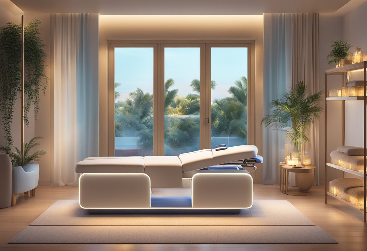 A serene spa room with a comfortable treatment bed, soft lighting, and a HydraFacial machine ready for use