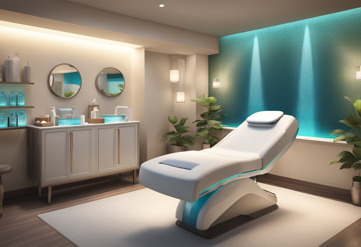 A serene spa room with a HydraFacial machine, skincare products, and a comfortable treatment chair. Soft lighting and calming decor create a relaxing atmosphere