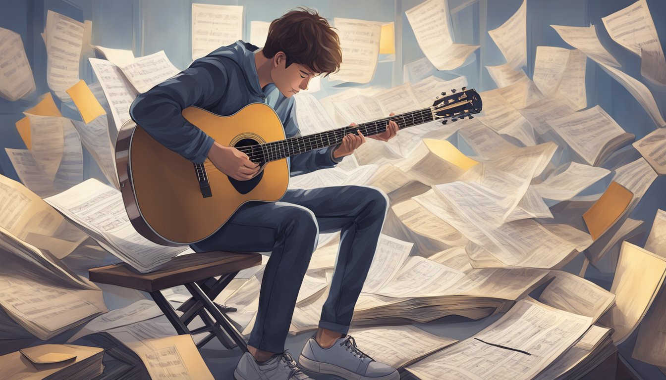 A person sitting with a guitar, focused on learning how to play, surrounded by music sheets and a music stand