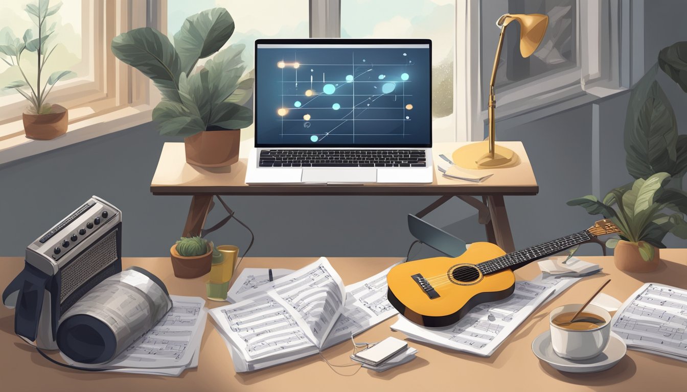 A person sitting with a guitar, surrounded by music sheets and a metronome, watching online tutorials on a laptop