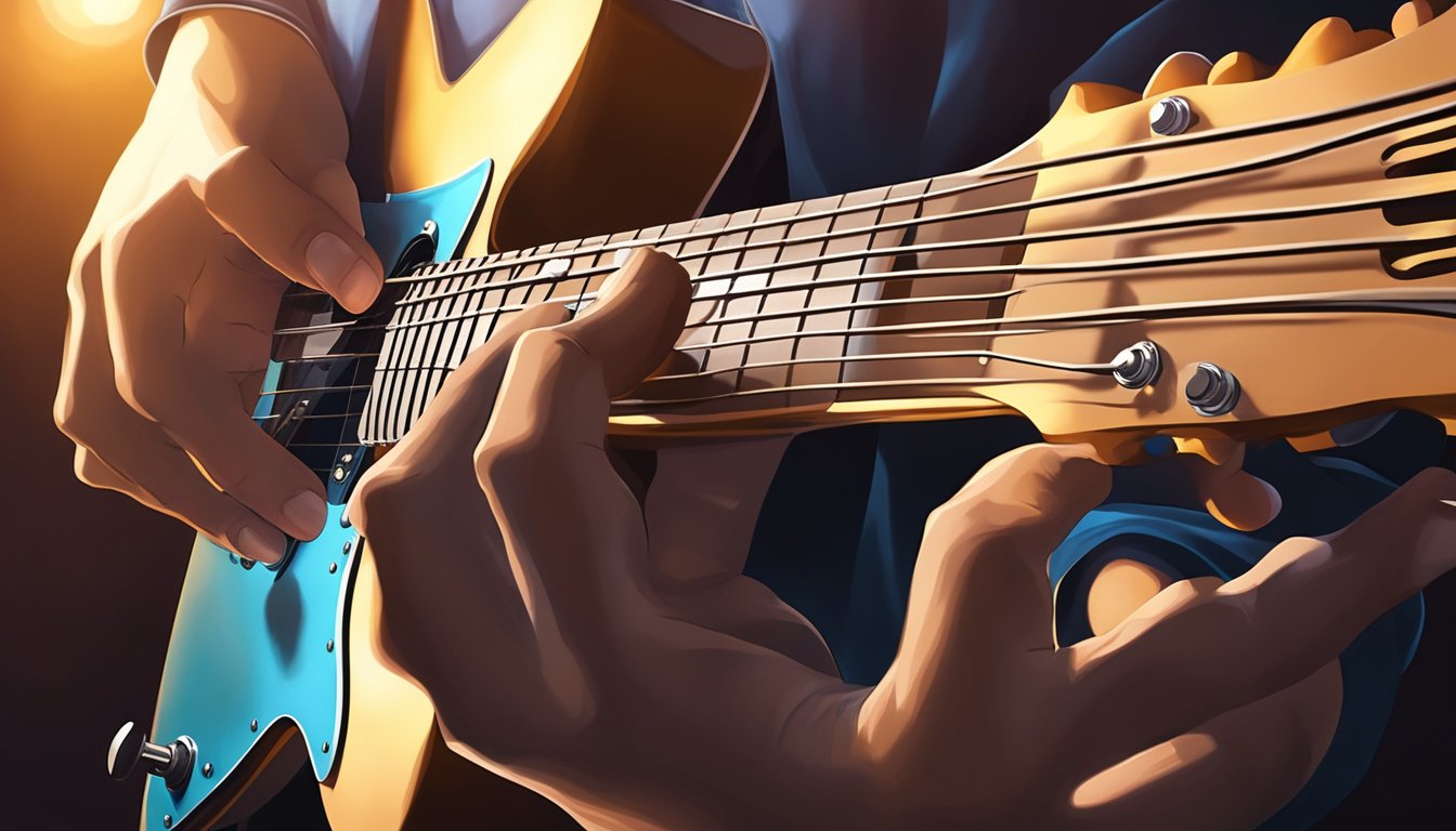 A musician's fingers move swiftly across the guitar strings, creating intricate melodies and rhythms.</p><p>The fretboard is illuminated by the warm glow of stage lights, showcasing the skill and dedication of the player