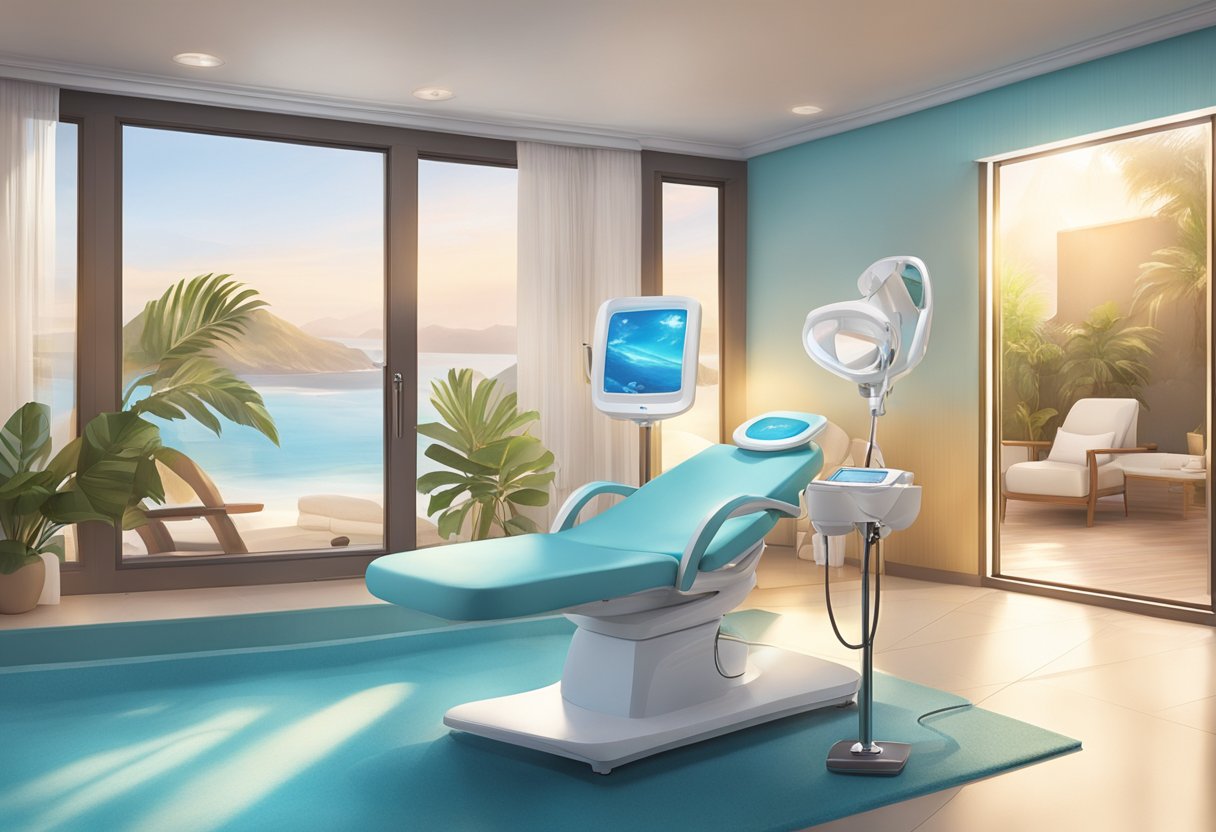 A serene spa room with soft lighting, a comfortable treatment chair, and a HydraFacial machine. Sun-damaged skin is visibly improved after the treatment