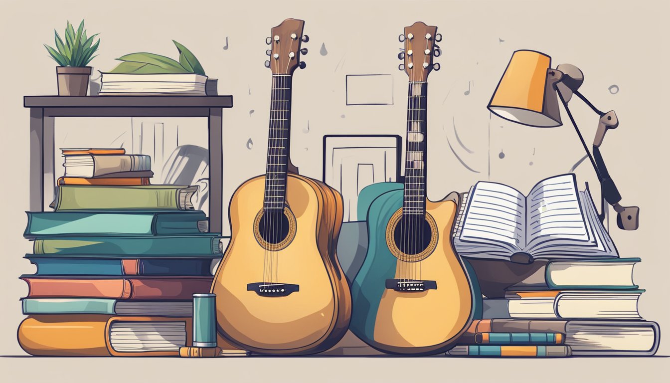 A guitar surrounded by various resources such as books, online tutorials, and sheet music.</p><p>A practice schedule and metronome sit nearby