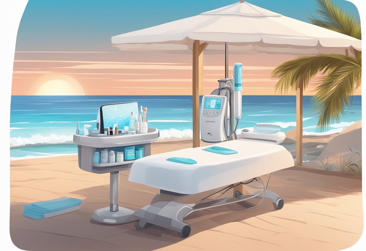 A serene beach at sunset, with gentle waves and a clear sky. A HydraFacial machine sits on a table, surrounded by sunscreen and skincare products